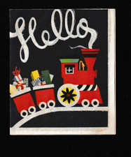 Vtg 50s Christmas Card NOS Mica Glitter Hello Train Carrying Presents 