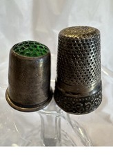 Antique Simons Bros Sterling Thimble Green Glass Stone Top& Portugal Silver Pair picture