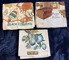 3 VTG Pure Linen Dish Towels Blue Fruit, Beach Combing, Peace And Plenty NWT picture