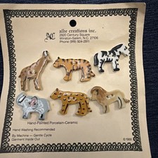 Vintage 1988 Albe Creations Hand-Painted Ceramic Safari Animal Buttons NOS Card picture