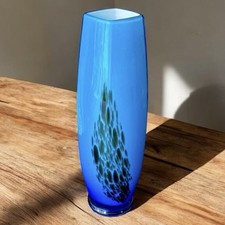 Vintage Blue Millifiore Fused Glass Pedestal Bud Vase Ombré Teal White 9” picture