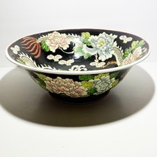 Handpainted Black Chinese Dragon Lotus Flower Porcelain Bowl Embossed 13