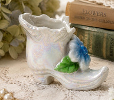 Vintage Japan Iridescent Porcelain Boot Shoe Vase Blue Flower Lustreware Planter picture