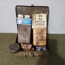 Vintage WWII Army Military War FirstAid Kit Metal Case + Supplies  picture
