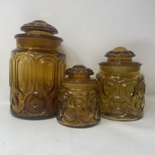 VINTAGE L.E. SMITH AMBER MOON & STARS CANISTER JARS W/ LIDS (3) picture