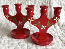 x2 Vintage Swedish Hand Painted Red Wood Mini Candle Holder Candelabra Folk Art picture
