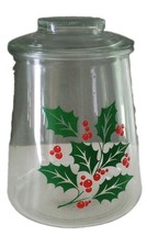 Vintage Bartlett Collins Clear Glass Cookie Jar w/Holly Leaf & Red Berries picture