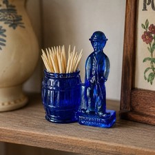 Vintage Cobalt Blue Glass Charlie Chaplin Toothpick Match Holder Deadstock New picture