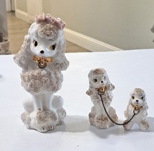 Vintage Japan Spaghetti Poodle Figurines Mom & Puppies Kitschy White & Gold Trim picture