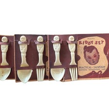 Vintage Kiddy Set Plastic Baby Fork Spoon 3 Sets Figural Doll Handle Mid Century picture