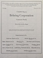 Behring Corporation New Common Stock Offer Announcement Vintage Print Ad 1970 picture