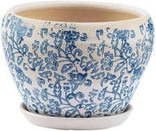 Vintage Blue and White Ceramic Planter - Large 8.25 x 7.25 Inch Pot with Drainag picture