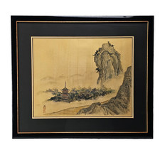 VTG East Asian Moire Silk Landscape Pagoda Mountain Painting Signed 24.5