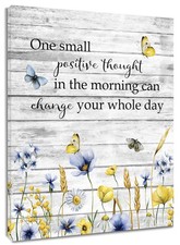 Blue Yellow Floral Wall Art Vintage Butterfly Wildflower Grey Canvas 16x24 Inch picture