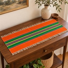 Vintage 1970s Polish Wool Table Runner Orange Green Stripe 27.5x10 Unused picture