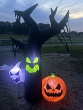 7ft Black Gemmy Airblown Halloween Tree w/Ghost & Jack-O-Lantern Scene Pumpkin picture