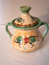 Vtg Italian Green & Tan Sugar Bowl Hand Painted Made Italy Signed Idea Verde IR. picture