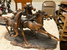Three Running Horses Sculpture 14” Bronze Finish Resin Galloping Horse Statue picture