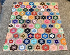 Vintage Polyester Grandmother's Flower Garden Hand Stitched Quilt picture