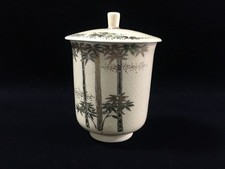 V0606 / Vintage Japanese Yunomi Tea Cup with Lid Painted Bamboo Gold Signed picture