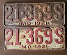 Antique ORIGINAL 1921 Maryland #21 369S License Plate PAIR picture