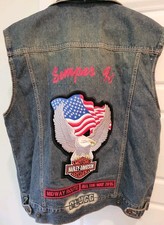 VTG Harley Davidson Semper Fi Eagle denim Vest  Embroidered Pins L picture