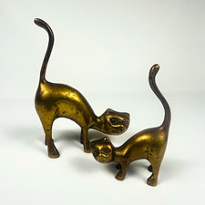 Vintage MCM Brass Cat Figurines Set of 2 Long Tail Ring Holder Paperweight Korea picture