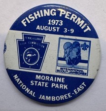 BSA PINBACK BUTTON 1973 NATIONAL JAMBOREE EAST MORAINE FISHING PERMIT picture