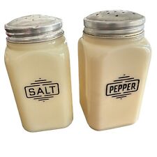 Rare Hazel Atlas White Milk Glass Salt & Pepper Shakers Set 50s 60s w lids picture