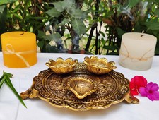 PUJA Gold Plated Brass Pooja Thali Plate With Brass Bell Pooja Aarti Thali Set picture