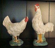 Vtg Chalkware Rooster Hen Chicken Figurines Pair Hand Painted Farmhouse Folk Art picture