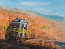 Original Oil Painting Railroad Train Reading Autumn   American Artist picture