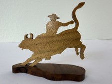 Vintage Prescott AZ Wood Rodeo Bull Rider Figurine Handmade Cowboy Western Art  picture