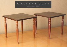 BEAUTIFUL PAIR MID CENTURY STACKING CLUB TABLES ATOMIC WOOD INLAYS 50S VTG 60S picture
