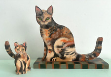 Vintage Calico Cat Kitten Set 2 Wooden Figurines American Folk Art Signed 1993 picture