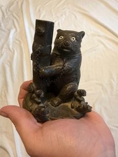 UNUSUAL ANTIQUE FIGURAL BEAR WITH GLASS EYES GO TO BED MATCH SAFE ~ LATE 1800's picture