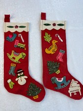2-VTG 60's HANDMADE FELT CHRISTMAS STOCKINGS SEQUIN TOY TREE SNOWMAN APPLIQUÉS picture
