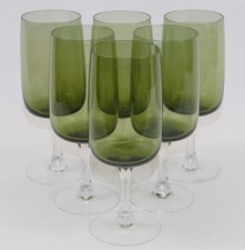 Fostoria Glamour Green MCM Water Goblets Clear Stem 7