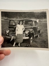 Original 1940s Snapshot Photo Woman with 1947-48 Ford Sedan Sunglasses picture