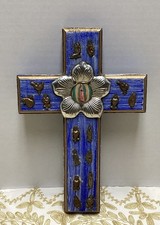 Vtg Blue Milagros Cross Wooden Handmade Mexican Religious Folk Art Virgin Nicho picture