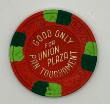 VINTAGE UNION PLAZA CASINO NCV 5 PAN TOURNAMENT CHIP 1980'S RED picture