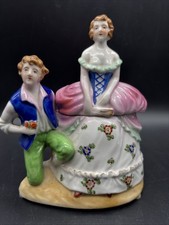 Vtg Porcelain Trinket Box Japan Mid-cent Handpaint Victorian Couple Lidded READ picture