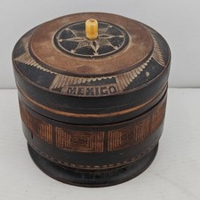 Vintage Mexican Wooden Trinket Box Folk Art Hand Painted Round picture