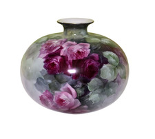 Antique T&V Limoges France Porcelain Squat Bulbous Vase Hand Painted Roses 7