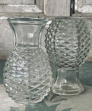 Vintage 1980 FTD Pineapple Diamond Point Pressed Glass Vase Set of 2 picture