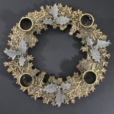 Vintage Metzke Brass & Pewter Holly Wreath Christmas Advent Candle Holder 7.75