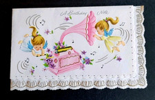 Vintage Birthday Card Angels Playing with Old Musical Victrola picture