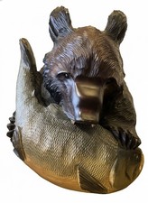 Vintage 1987 Sapporo Hokkaido Bear Salmon Enju Wood Hand Carved Wall Art Japan picture
