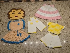 Vtg Hand Crocheted Dress Shaped Potholders (6) Various Multicolored And Sizes. picture