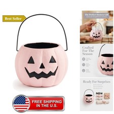 Mini Pink Jack O Lantern Bucket, Paper Mache Halloween Candy Dish picture
